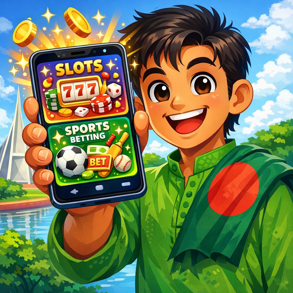 Cartoon style character holding a smartphone with casino and sports icons, coins and rewards around