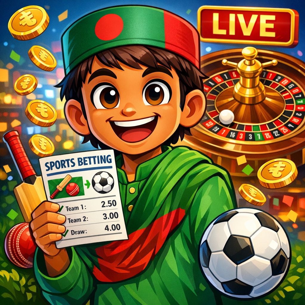 333XX bet cartoon character holding a betting slip with cricket and football icons, coins and a live casino table in the background