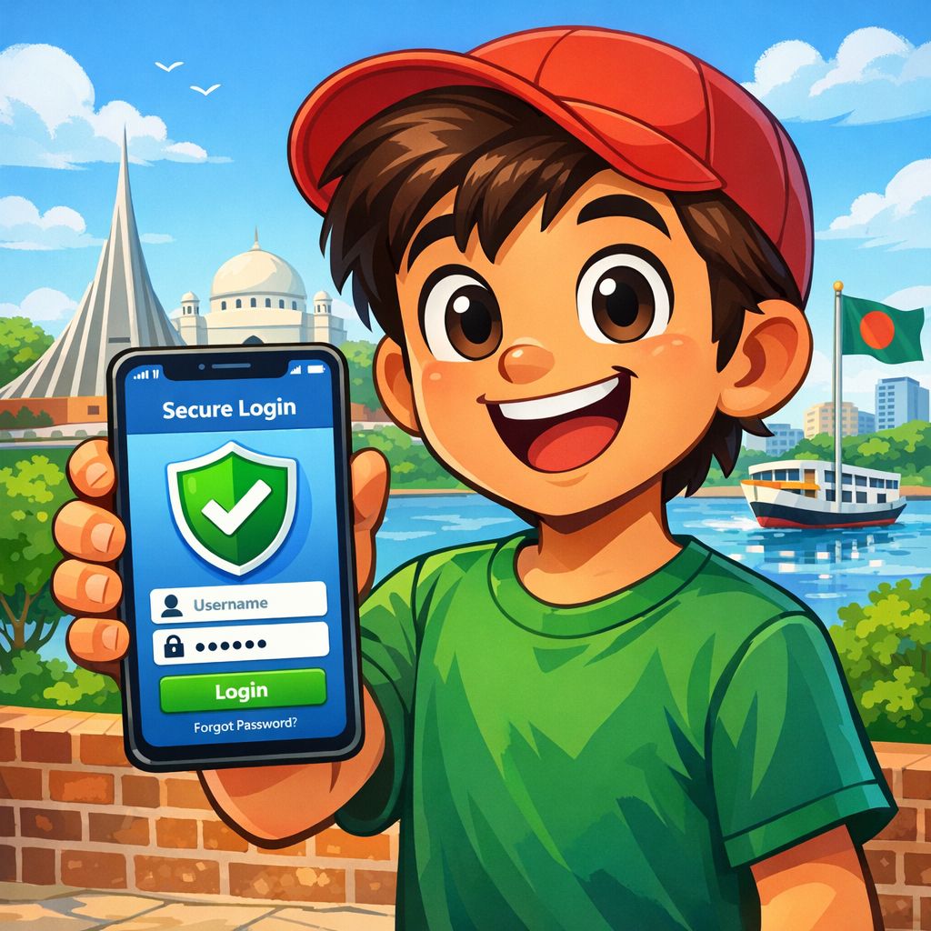 Cartoon character holding a phone with a login screen and security shield, Bangladesh vibe