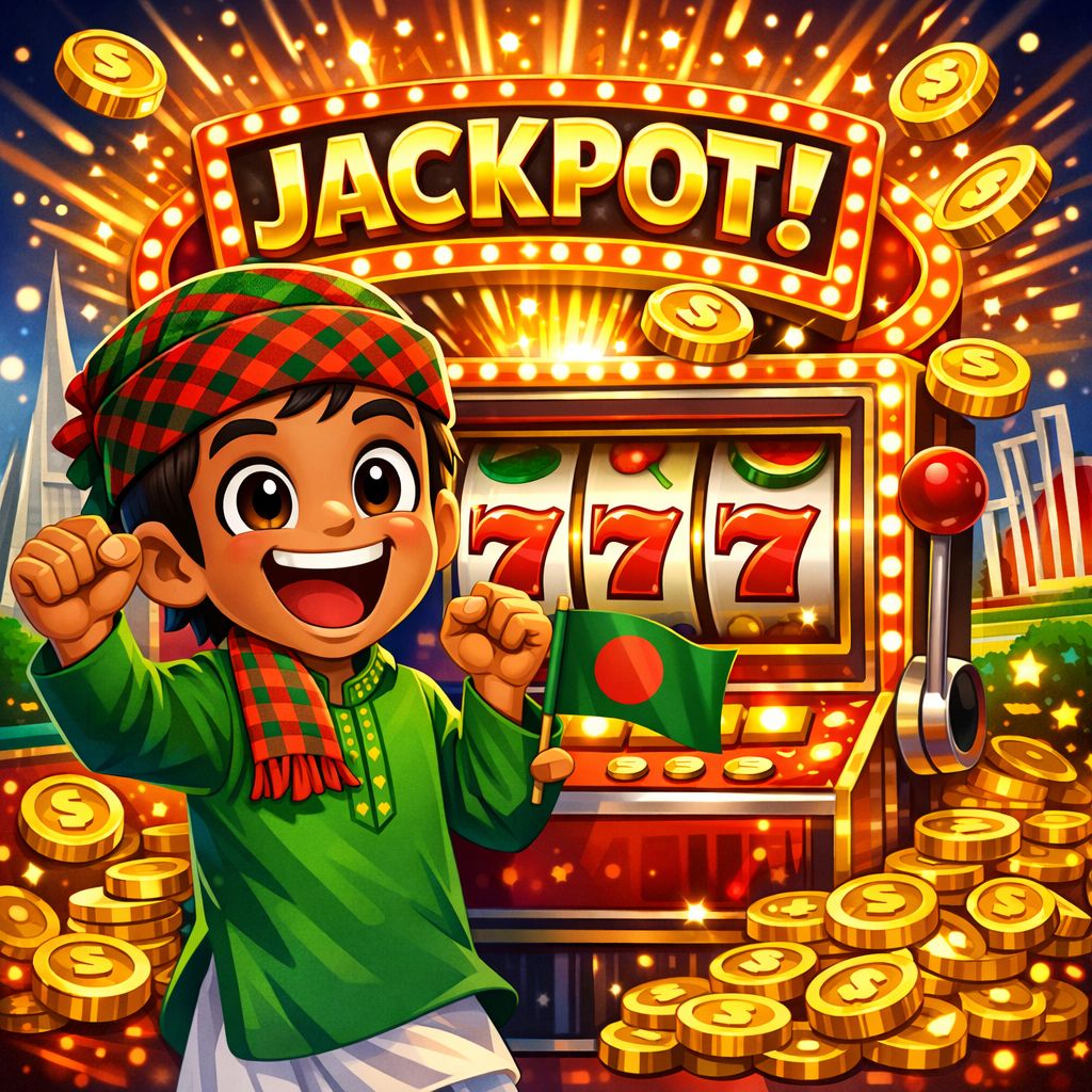 Cartoon character celebrating a slot win with coins and a spinning reel